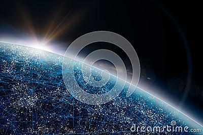 3D illustration. Lines connecting the earth seen from outer space with bright solar light. Concept of social and business network Cartoon Illustration
