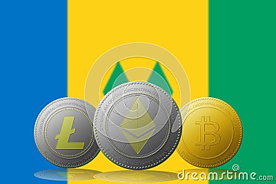 3D illustration Litecoin Ethereum Bitcoin cryptocurrency with Saint Vincent and the Grenadines flag on background Cartoon Illustration