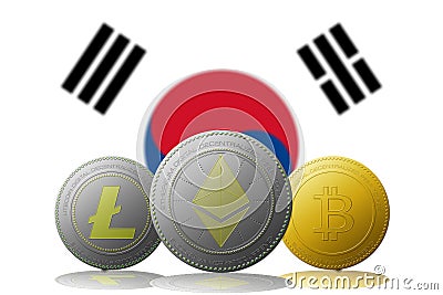 3D illustration Litecoin Ethereum Bitcoin cryptocurrency with SOUTH KOREA flag on background Cartoon Illustration