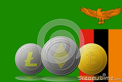 3D illustration Litecoin Ethereum Bitcoin cryptocurrency with Zambia flag on background Cartoon Illustration