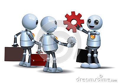 3d illustration of little robot business working together connecting cog wheel Cartoon Illustration