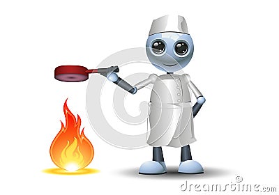 3D illustration of a little robot chef cooking holding pan on fire Cartoon Illustration