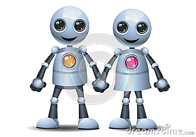 3d illustration of little robot couple holding hand Cartoon Illustration