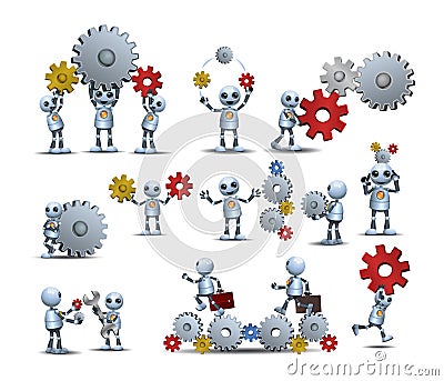 3d illustration of little robot handy robot man working on cog wheel engineer interacting teamwork Cartoon Illustration