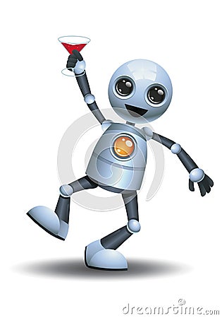 3d illustration of little robot holding beverage while dancing hype Cartoon Illustration