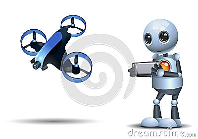 3d illustration of little robot playing smart drone Cartoon Illustration