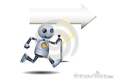 3d illustration of little robot running follow arrow sign direction while holding papper Cartoon Illustration