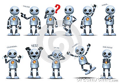 3d illustration of little robot set representing basic posture gesture Cartoon Illustration