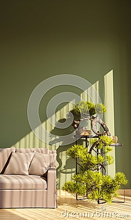 3d illustration of living room with green wall and pine bonsai. Cartoon Illustration