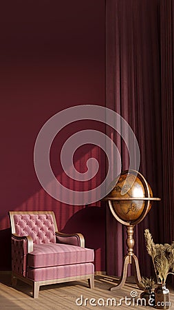 3d illustration of living room with red wall, pink armchair, brown globe, magenta curtains. Cartoon Illustration