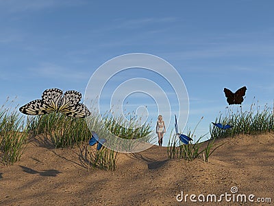 Illustration of a lone woman walking along a sand dune in early morning light with several butterflies in the foreground Cartoon Illustration