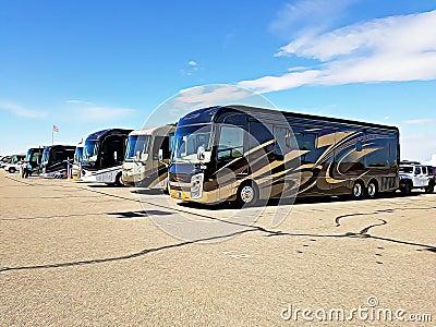 3D illustration of a luxurious Entegra motorhome parked at a stopover during a family vacation Cartoon Illustration