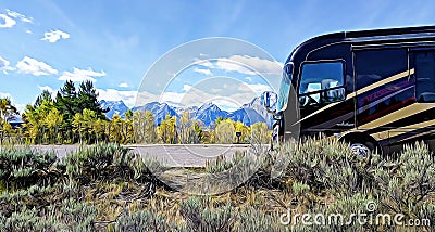 3D illustration of a luxurious motorhome on the rode during a family vacation travel Cartoon Illustration