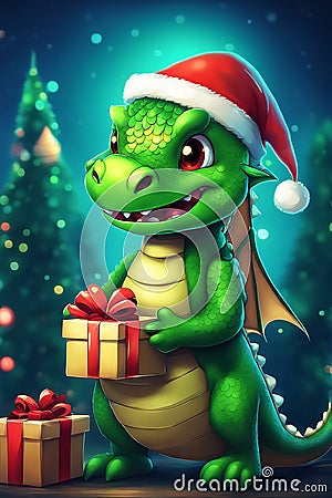 3D illustration of the magic cute green dragon with Christmas Hat Cartoon Illustration