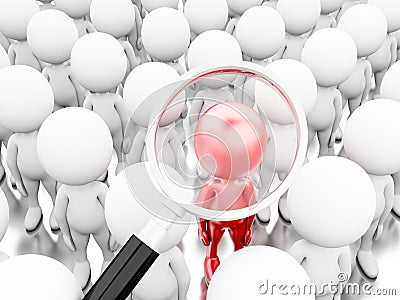 3d illustration. Magnifying glass picking up a new worker Cartoon Illustration