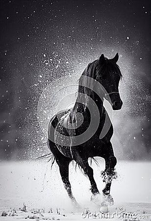 3d illustration of a majestic horse. Detailed close up portrait. Dirt, snow galloping, race. Generative AI illustration Cartoon Illustration