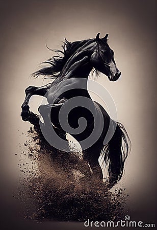 3d illustration of a majestic horse. Detailed close up portrait. Dirt, water, galloping, race. Generative AI illustration Cartoon Illustration
