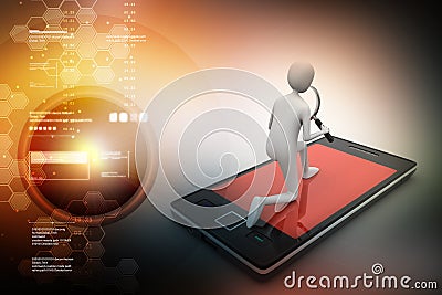 man analysing the tablet through magnifier Cartoon Illustration