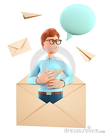 3D illustration of man with blank speech bubble in a huge postal envelope. Flying paper airplanes and mail letter. Email service Cartoon Illustration