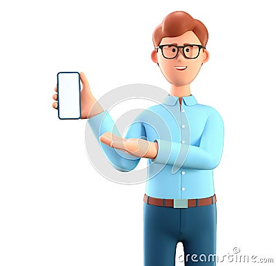 3D illustration of man holding smartphone and showing at screen. Close up portrait of smiling businessman pointing hand at phone Cartoon Illustration