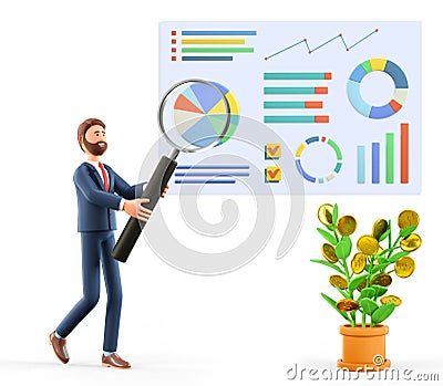 3D illustration of man with huge magnifying glass researching a business dashboard with graphs and infographics. Cartoon Illustration
