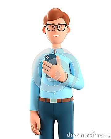 3D illustration of man with smartphone. Cartoon smiling businessman using phone, isolated on white Cartoon Illustration