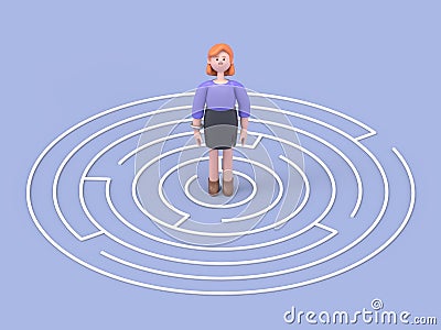 3D illustration of man standing in the center of a maze.artwork concept depicts challenge, finding the way out, escape, Cartoon Illustration