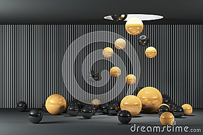 3d illustration of many black and yellow balls falling Cartoon Illustration