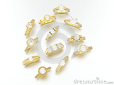 3D illustration many different gold decorative diamond rings Cartoon Illustration