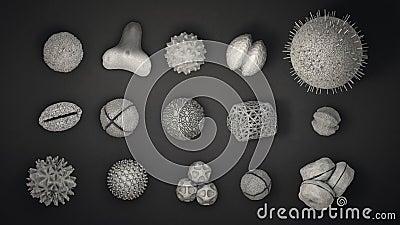 Many different pollen bodies in black and white Cartoon Illustration