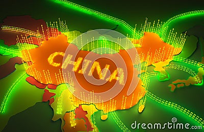 Map of China surronded by a binary firewall Cartoon Illustration