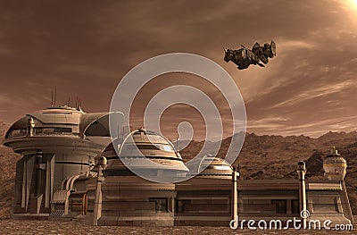 Mars colony. Expedition on alien planet. Life on Mars. 3d Illustration. Stock Photo