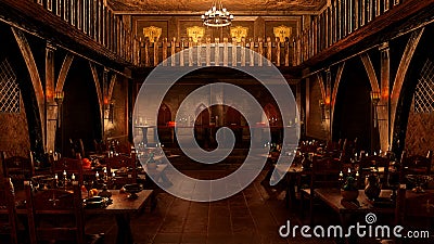 3D illustration of medieval great hall dining room with tables set for a royal feast Stock Photo