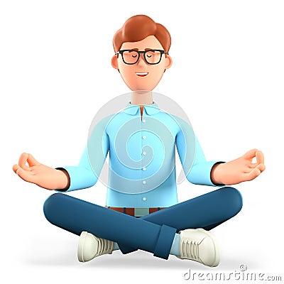 3D illustration of meditating man sitting on the floor in yoga lotus position. Cute cartoon relaxing smiling businessman Cartoon Illustration