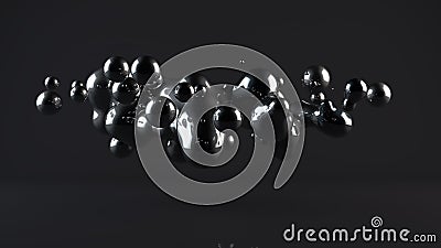 3D illustration of a metal ball, drops in a dark Studio. A drop of chromium, titanium, platinum, or silver. Abstraction, 3D render Cartoon Illustration