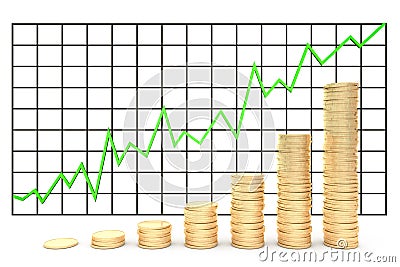 3d illustration: Metal copper-gold coins graph chart stock market with green line - arrow on a white background isolated. Profit Cartoon Illustration