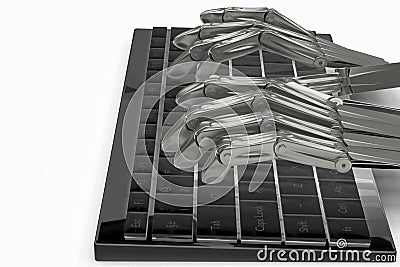 3d illustration metal hands robot on keyboard Cartoon Illustration