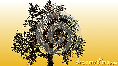 Mixed media of tree and Technology Interface Computer Data Digital Screen Cartoon Illustration