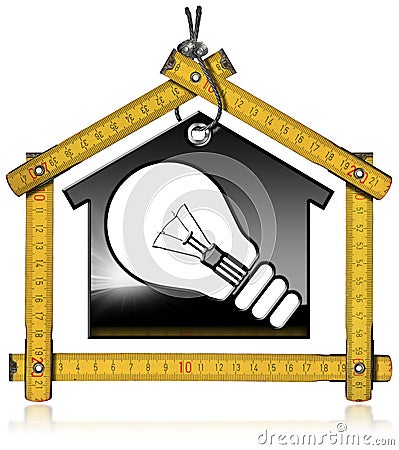 Model House with a Light Bulb and Ruler Cartoon Illustration