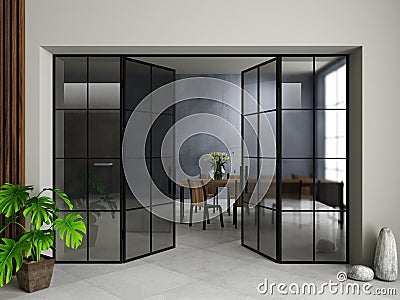 Modern black loft glass door in the room Cartoon Illustration