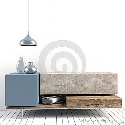3d illustration, modern interior with credenza, poster and lamp. Cartoon Illustration