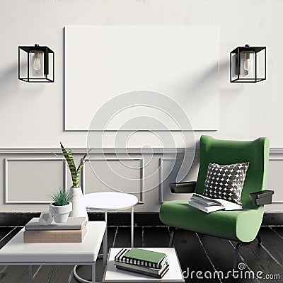 3d illustration, modern interior with frame, poster and chair. p Cartoon Illustration