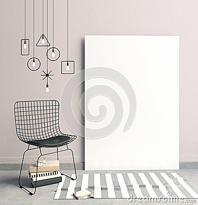 3d illustration, modern interior with frame, poster and chair. p Cartoon Illustration