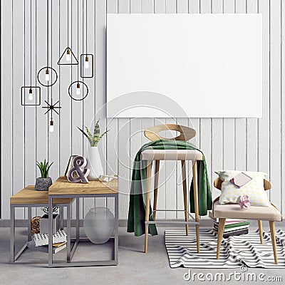 3d illustration, modern interior with frame, poster and chair. p Cartoon Illustration