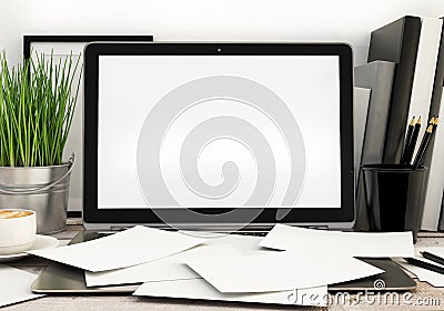 3D illustration of modern laptop template, messy workspace mock up, background Cartoon Illustration