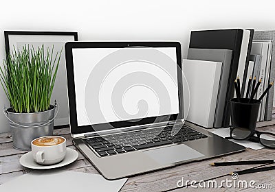3D illustration of modern laptop template, workspace mock up, background Cartoon Illustration