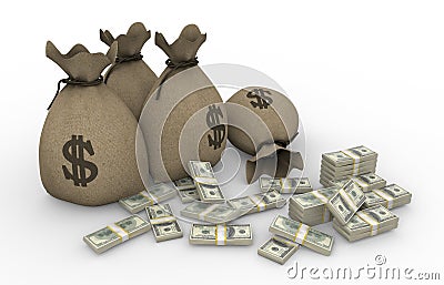 Money sacks with packs of dollars Stock Photo