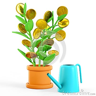 3D illustration of money tree and watering can. Cartoon dollar plant with gold coins, isolated on white. Business investment Cartoon Illustration