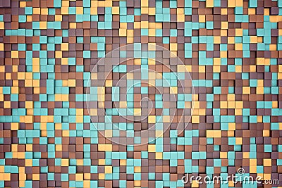 3d illustration: mosaic abstract background, colored blocks brown, green, beige, orange, yellow color. Range of shades. small squa Cartoon Illustration