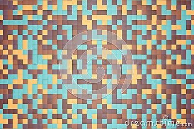 3d illustration: mosaic abstract background, colored blocks brown, green, beige, orange, yellow color. Range of shades. Cartoon Illustration